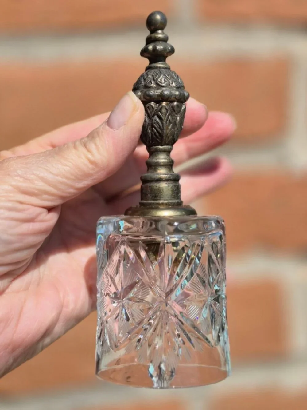 Vintage Hand-Cut Lead Crystal Dinner Bell Ornate Pewter Handle